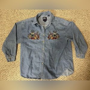 Quizz New York Womens Shirt Size 20 Denim Embroidered Teddy Bear Button Down